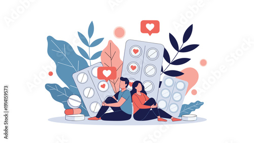 Man and woman sitting back to back in a state of depression surrounded by giant medication blister packs and floating heart icons.