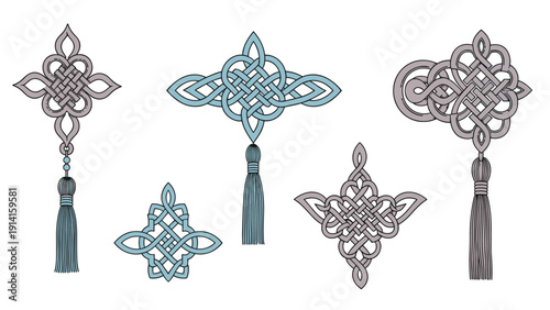 Beautiful collection of traditional decorative knots in various shades of blue and purple with long tassels on a white background.