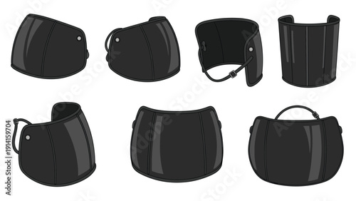 Set of seven different views of a black medical cervical collar used for neck support and stabilization after an injury or surgery.