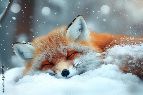 Generative AI image of a sleeping red fox curled in snow during winter hibernation, peaceful wildlife nature moment