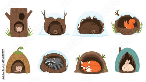 Eight cute forest animals including a bear fox squirrel and raccoon sleeping peacefully inside their cozy burrows or dens during winter.