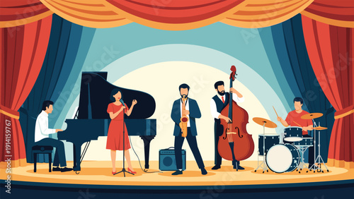 Jazz music band performing live on a theatre stage with a singer pianist saxophonist double bass player and drummer behind red curtains.