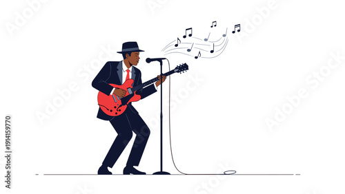 Stylish black musician wearing a suit and hat playing an electric guitar with musical notes floating around him on a white background.