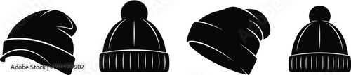 Set of Winter Hat Silhouette Illustrations Featuring Knit Beanies, Pom-Poms, Slouchy Styles, and Layered Designs in Black Artwork