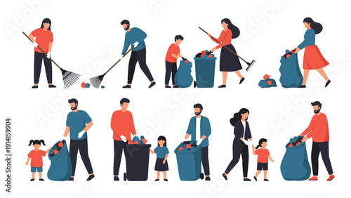 Diverse group of volunteers and families working together to collect trash rake leaves and clean up their local park or community area.