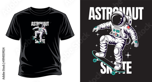 Astronaut skateboarding in space with stars and planets vector art print templet