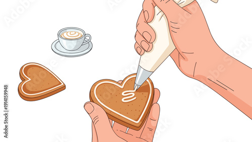 Hands decorating heart shaped gingerbread cookies with white icing using a piping bag next to a cup of coffee with latte art.