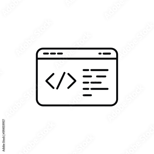 Simple line art icon depicting a webpage with code symbols