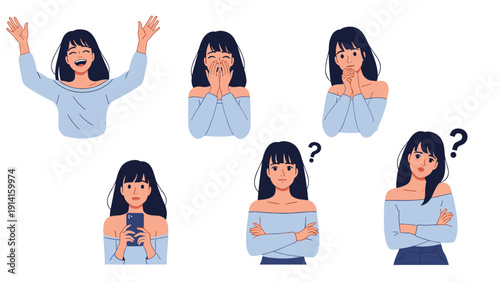 Set of character illustrations showing a young woman with black hair in various poses expressing different emotions and daily actions.