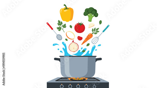 Fresh colorful vegetables like tomatoes, carrots, and peppers falling into a boiling cooking pot on a modern kitchen stove burner.
