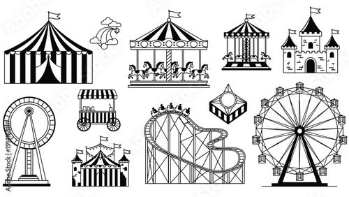 Collection of black and white line art icons featuring various amusement park attractions like carousels and thrilling roller coasters.