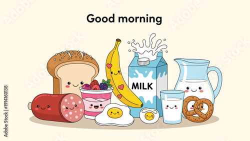 Collection of adorable breakfast food characters with smiling faces including milk, eggs, bread, and various fresh fruits.