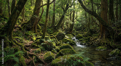 Wallpaper Mural Misty ancient moss-covered forest with a flowing stream and gnarled roots, evoking a sense of deep nature and tranquility. Torontodigital.ca