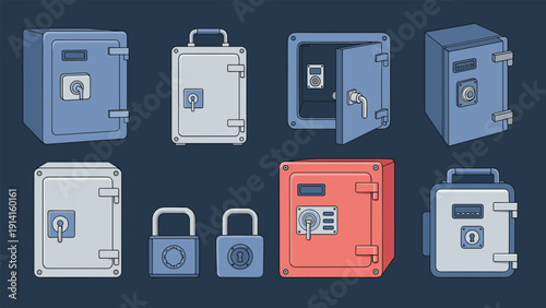 Set of pixel art style illustrations of different types of metal safes, deposit boxes, and sturdy padlocks for financial security.
