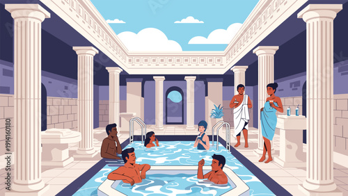 Illustration of a classical roman style bath house with people relaxing in swimming pools surrounded by elegant marble columns.
