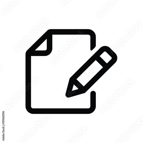Simple black line icon depicting a document and a writing pencil