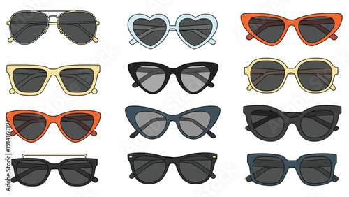 Collection of various stylish sunglasses in different shapes, colors, and frame styles for summer fashion and eye protection.
