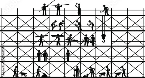 Construction workers on scaffolding, builders team working at building site, cad drawing flat vector illustration, industrial maintenance crew, engineering shapes.