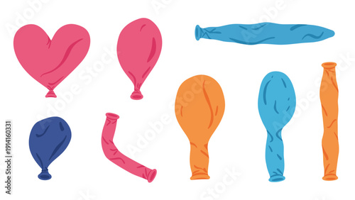Collection of deflated rubber balloons in various colors and shapes like hearts and long tubes isolated on a white background.