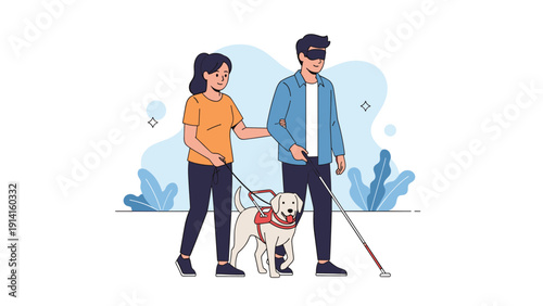 Illustration of a blind man using a white cane and a guide dog while walking with a supportive and friendly female companion.