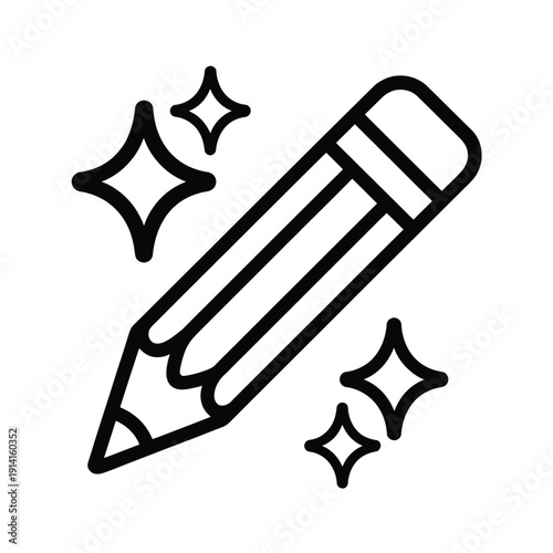 A simple line drawing of a pencil with sparkling star icons