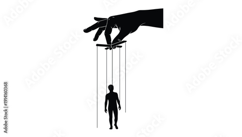 Dramatic black and white silhouette of a large hand controlling a small human figure like a puppet with long strings from above.