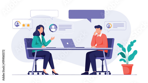Illustration of a job interview or professional business meeting between a man and a woman at a desk with a laptop computer.