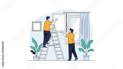 Illustration of two men working together to hang a large picture frame on a wall using a metal ladder in a modern home interior.