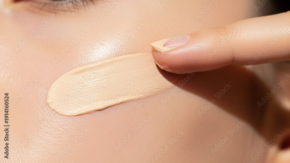 Naklejka premium Close-up shot of a hand applying liquid foundation on a woman's cheek, highlighting the beauty routine of blending cosmetic makeup for an even skin tone and radiant complexion
