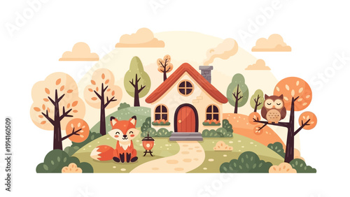 Charming Autumn Cottage with Fox and Owl.