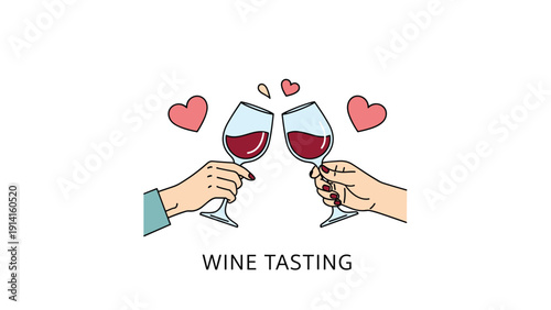 Illustration of two hands holding red wine glasses toasting with small hearts in the background for a romantic celebration.