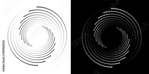 Modern abstract background. Halftone dots in circle form. Round logo. Vector dotted frame. Design element or icon, logo. Black shape on a white background and the same white shape on the black side.
