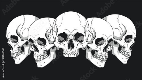 Dramatic illustration of five human skulls arranged in a row against a solid black background in a detailed pixel art style.