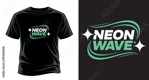 Neon wave text with glowing elements, shirt design vector, a modern graphic for apparel and posters art print templet