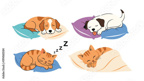 Collection of cute domestic dogs and cats sleeping peacefully on colorful soft pillows in various cozy and relaxed positions.