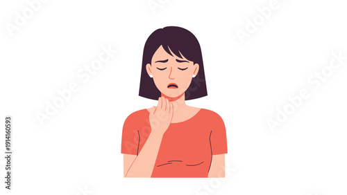 Illustration of a young woman looking sick and touching her neck while suffering from a painful sore throat or medical condition.