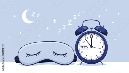 Illustration of a blue sleep mask and a classic navy alarm clock showing night time for a healthy sleep and rest concept.