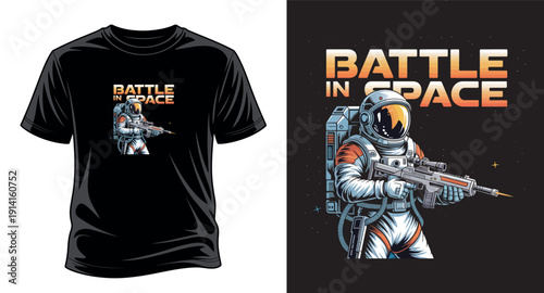 Astronaut holding a rifle with words battle in space, shirt design vector, an action-packed space theme  art print templet
