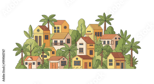 Charming cartoon village with tropical palm trees and lush greenery