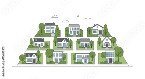 Modern Suburban Neighborhood with Diverse Houses and Green Trees