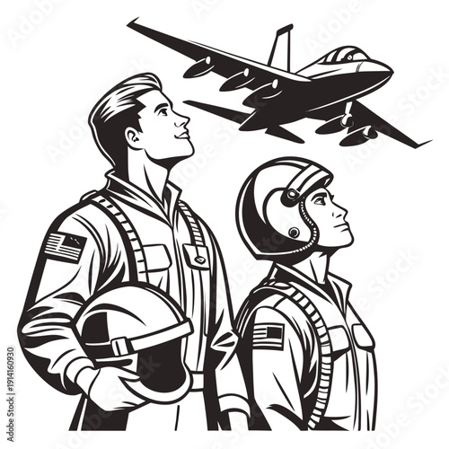 Black and white of two pilots with a fighter jet military