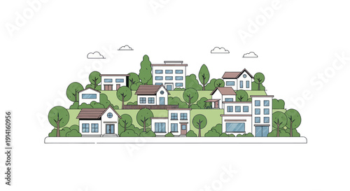 Charming illustration of a diverse suburban neighborhood with houses and trees