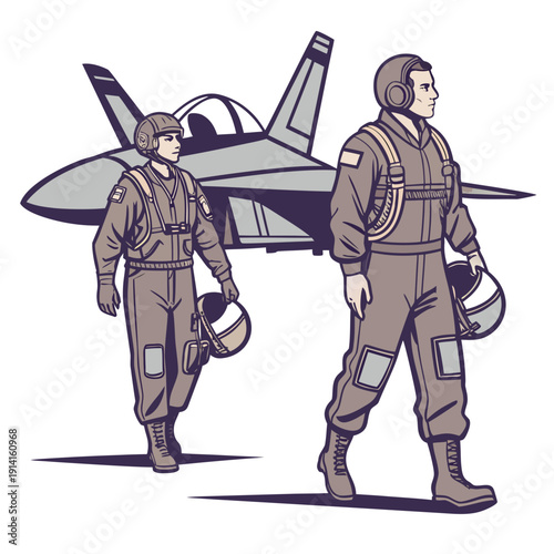 Two combat pilots in flight suits with helmets and a fighter jet