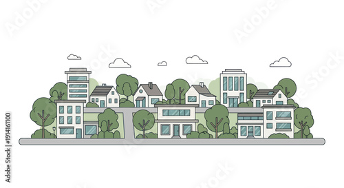 Modern Suburban Neighborhood with Diverse Architecture and Greenery