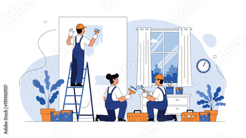 Team of professional painters in blue overalls working together to paint a room using ladders, brushes, and rollers for home renovation.