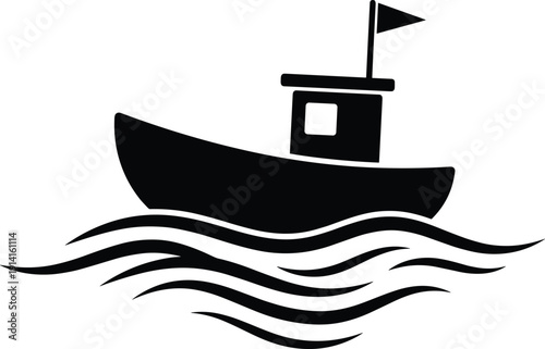 Fishing boat on sea waves silhouette, small vessel floating on ocean water, cad drawing flat vector illustration, maritime nautical icon.