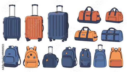 Extensive collection of travel luggage including various types of suitcases, duffel bags, and backpacks in stylish blue and orange colors.
