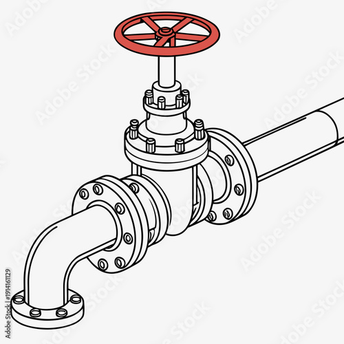 Gas pipeline valve with red wheel handle industrial