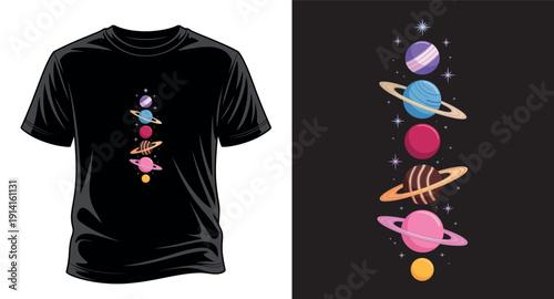 Vertical alignment of colorful planets and stars in outer space vector art print templet