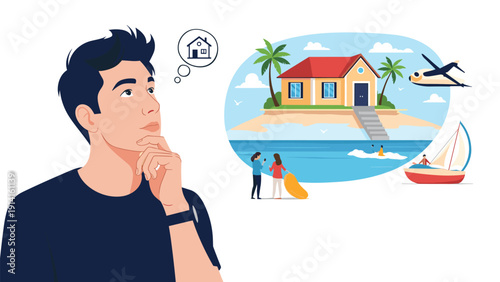 Young man thinking about his dream tropical vacation on a private island with a house, sailboat, and an airplane flying through the sky.